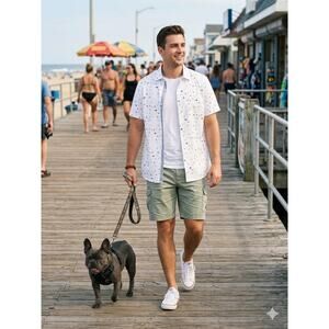 TailorByrd Collection Men’s L Beach Print Short Sleeve Stretch Button Down Shirt